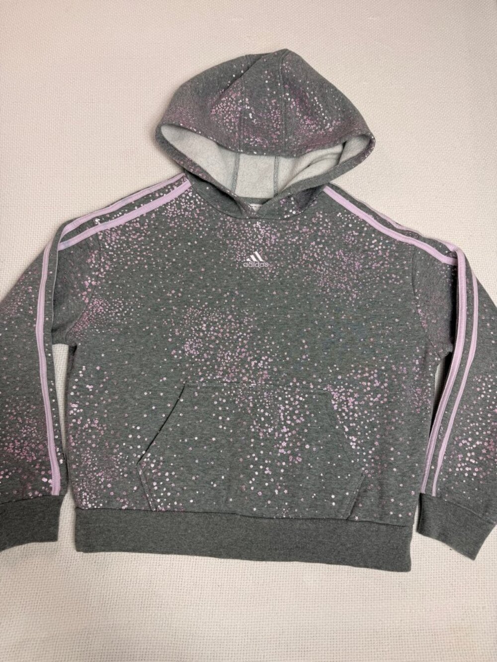 Adidas Girls Hoodie Gray Pink Glitter 3 Stripes Pullover Size M 10/12